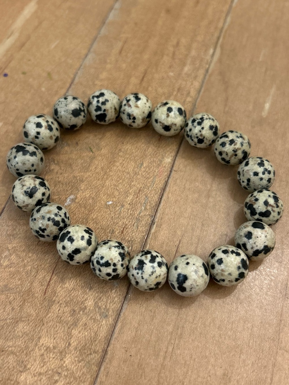 Dalmatian Jasper Beaded Stretch Bracelet - Cream & Black